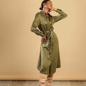 100% Silk Lilysilk NWOT Sandwashed Safari Trench Shirt Dress Olive Khaki Sm 4-6